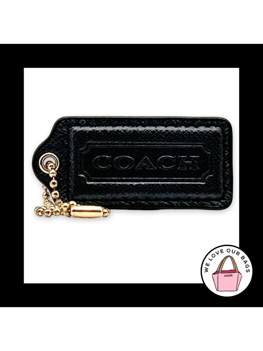 COACH HANG TAG 2.25" Black Crossgrain Leather Bag Charm Keychain Fob Brass Large